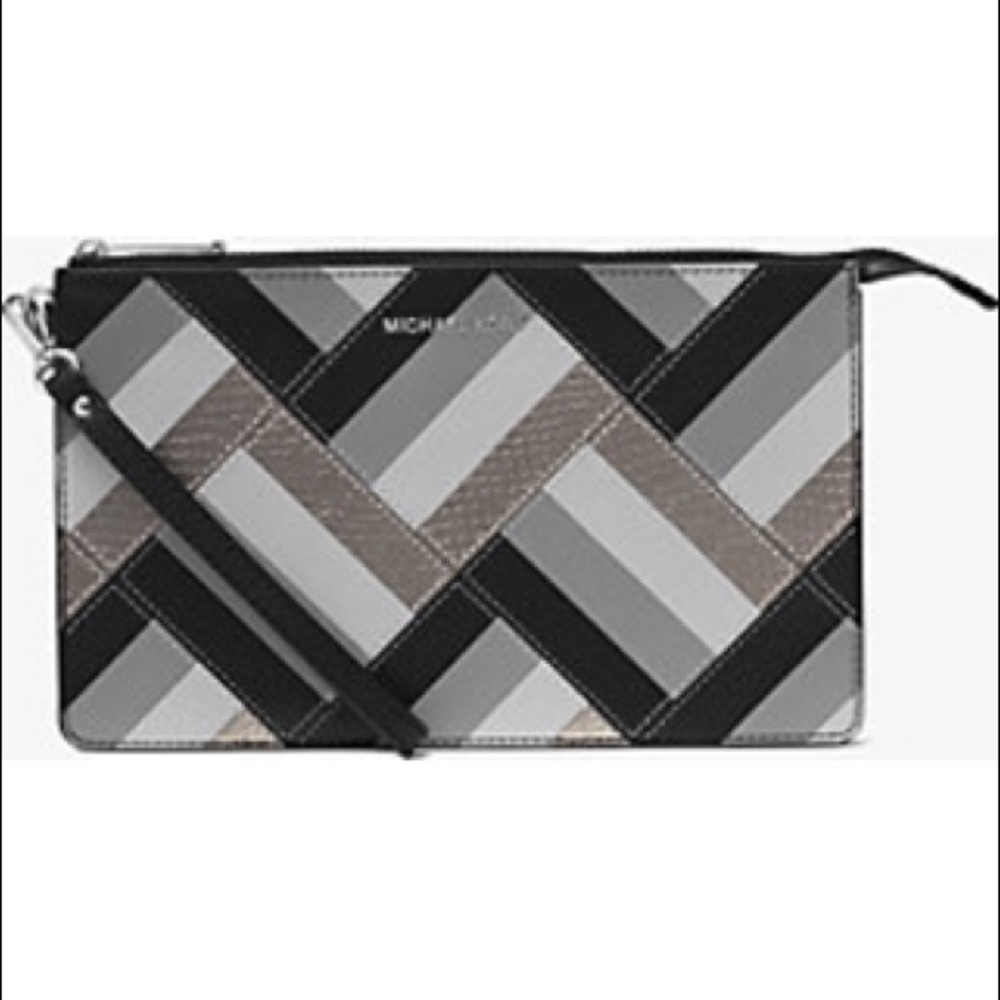 MICHAEL Michael Kors Chevron Patchwork Wristlet in Black, Gray, Taupe